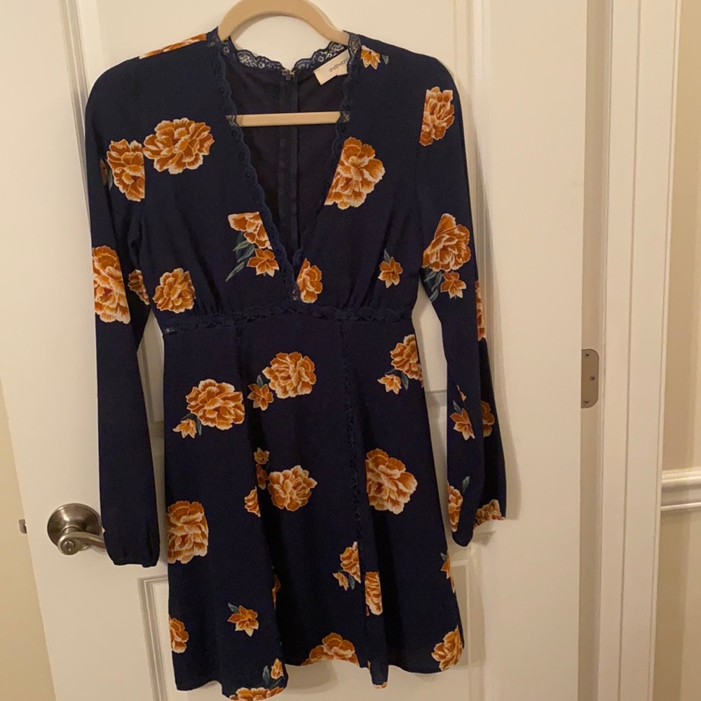 Beautiful navy dress with gold/mustard yellow flowers